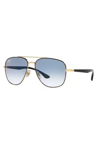 Occhiali da sole aviator in metallo dorato con dettagli neri, lenti blu sfumate, naselli regolabili e design a doppio ponte.