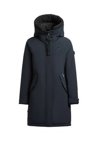 Mørkeblå parka med høj krave, blød pelsforing, lynlåslukning foran, to sidelommer og logo detalje på brystet og ærmet.