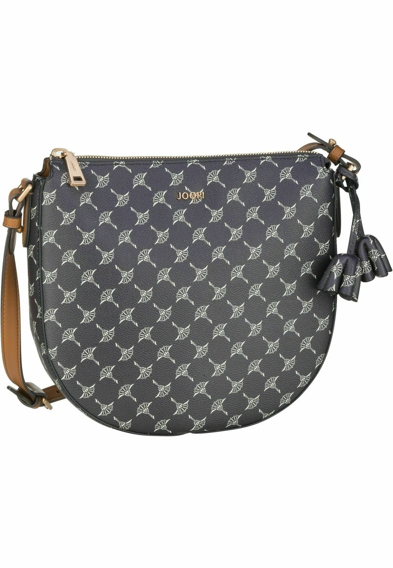 Borsa a tracolla blu navy dalla forma strutturata, caratterizzata da un motivo geometrico bianco. Decorata con manici e frange in pelle color cuoio. Finiture in oro.
