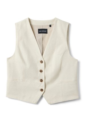 Gilet sans manches couleur crème avec col en V, quatre boutons marron, deux poches latérales et une étiquette noire "LES COPAINS" à l'intérieur du col.