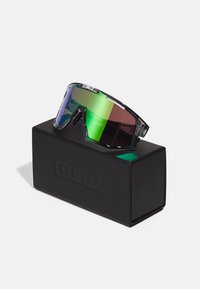 Sport sunglasses with a sleek black frame, mirrored green and red lenses, resting on a matte black box with embossed logo.