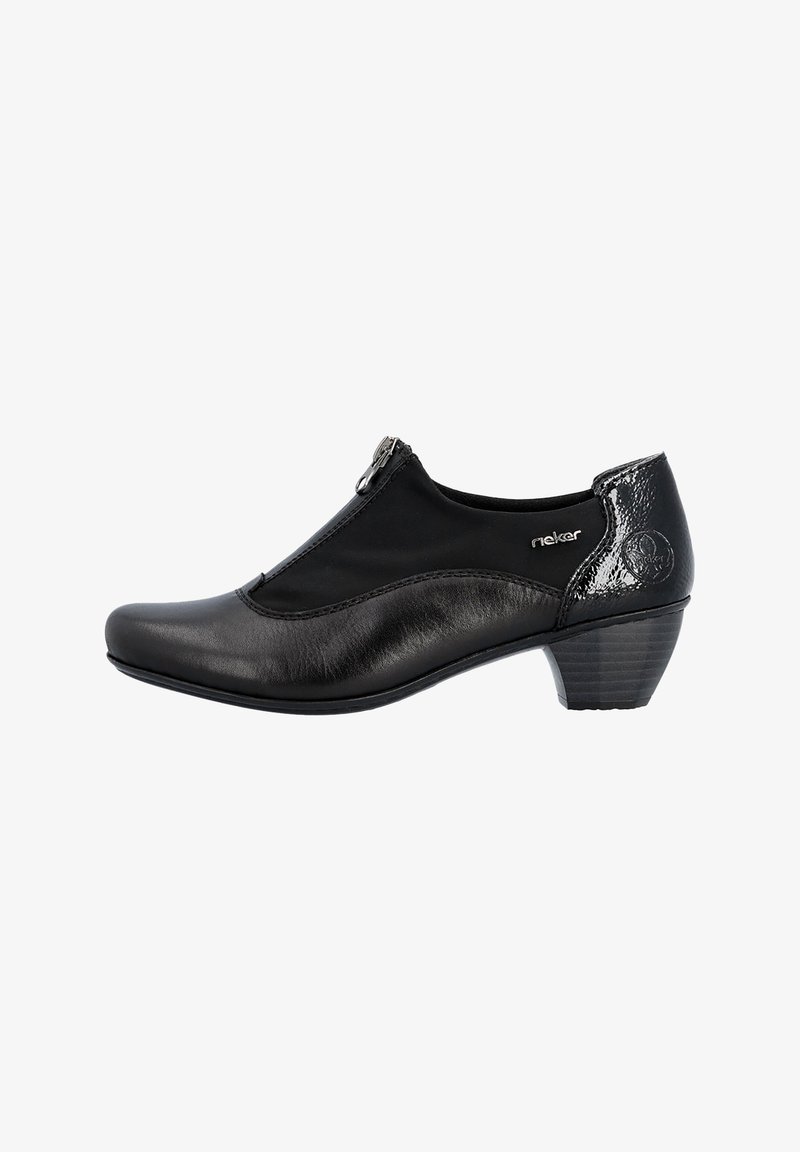 Chaussure femme noire à talon bas avec fermeture éclair, devant en cuir lisse et détail en cuir verni au talon avec logo.