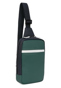 Borsa a tracolla in verde scuro e blu navy, realizzata in tessuto testurizzato. Caratterizzata da una striscia orizzontale bianca, tracolla regolabile e chiusura con zip.