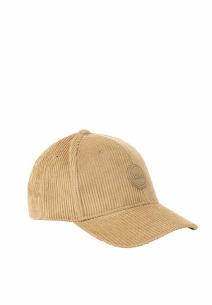 Casquette de baseball en velours côtelé beige, avec une visière incurvée et un écusson rond avec logo à l’avant.