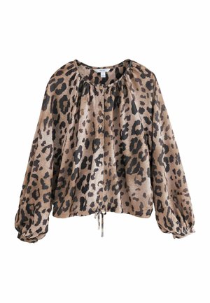 Blouse imprimée léopard marron avec un col rond, des poignets élastiqués, une fermeture à boutons à l'avant et un cordon de serrage réglable à l'ourlet. Texture douce.
