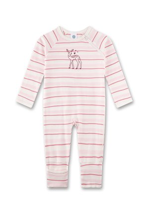 Pink and white striped baby romper with long sleeves, side zipper, and a small deer illustration with hearts on the chest.