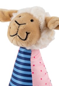 Stuffed sheep toy with a plush head, light brown face, white fluffy wool, and a body featuring pink polka dots and blue striped fabric.