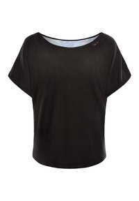 Black short-sleeve top with a wide neckline, made of soft fabric. Features a light-colored inner lining and a small embroidered detail.