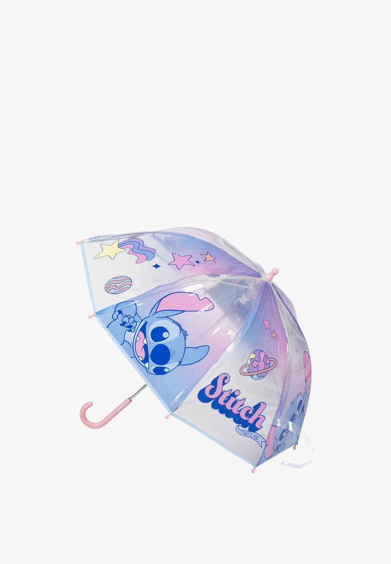 Transparante paraplu met een roze handvat met het Stitch-personage, planeten, sterren en de tekst "Stitch" in blauw en roze tinten.