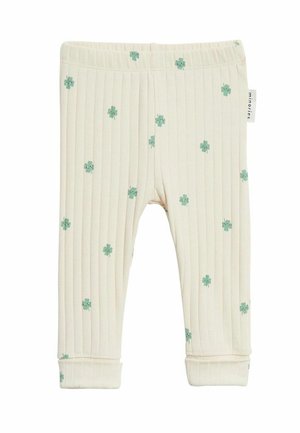 Cremefarbene, gerippte Baby-Leggings mit kleinen grünen Blumenmustern und einem elastischen Bund.