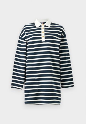 Navy and white striped long-sleeve polo shirt with a white collar and four golden buttons. Features a straight hem and soft texture.