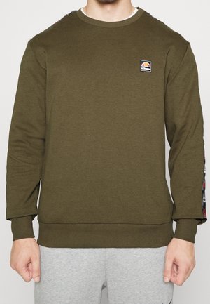 Sweatshirt vert olive avec des manches longues, des poignets côtelés et un col rond. Présente un petit patch logo et un design coloré sur l'épaule.