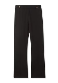 Pantaloni neri con una vestibilità slim, tessuto morbido, due pieghe frontali e dettagli metallici in vita.