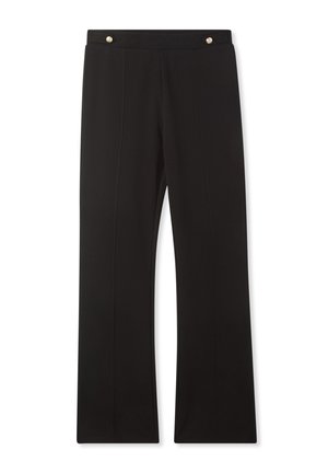 Pantaloni neri con una vestibilità slim, tessuto morbido, due pieghe frontali e dettagli metallici in vita.