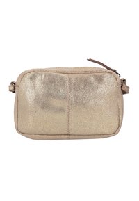 Piccola pochette rettangolare in pelle dorata con chiusura a zip e tracolla regolabile, design della parte anteriore semplice.