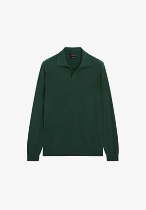 Green knitted pullover with a V-neck, long sleeves, and a relaxed fit. Soft texture, no visible patterns or hardware details.