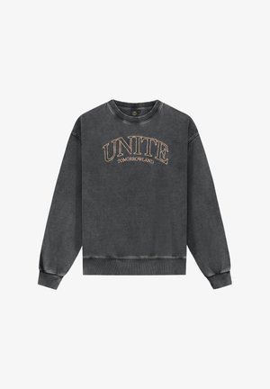 Grijze sweatshirt met een ronde hals, lange mouwen, ribgebreide manchetten en zoom. Op de voorkant staat gedrukt: "UNITE TOMORROWLAND" in beige. Zachte stof.