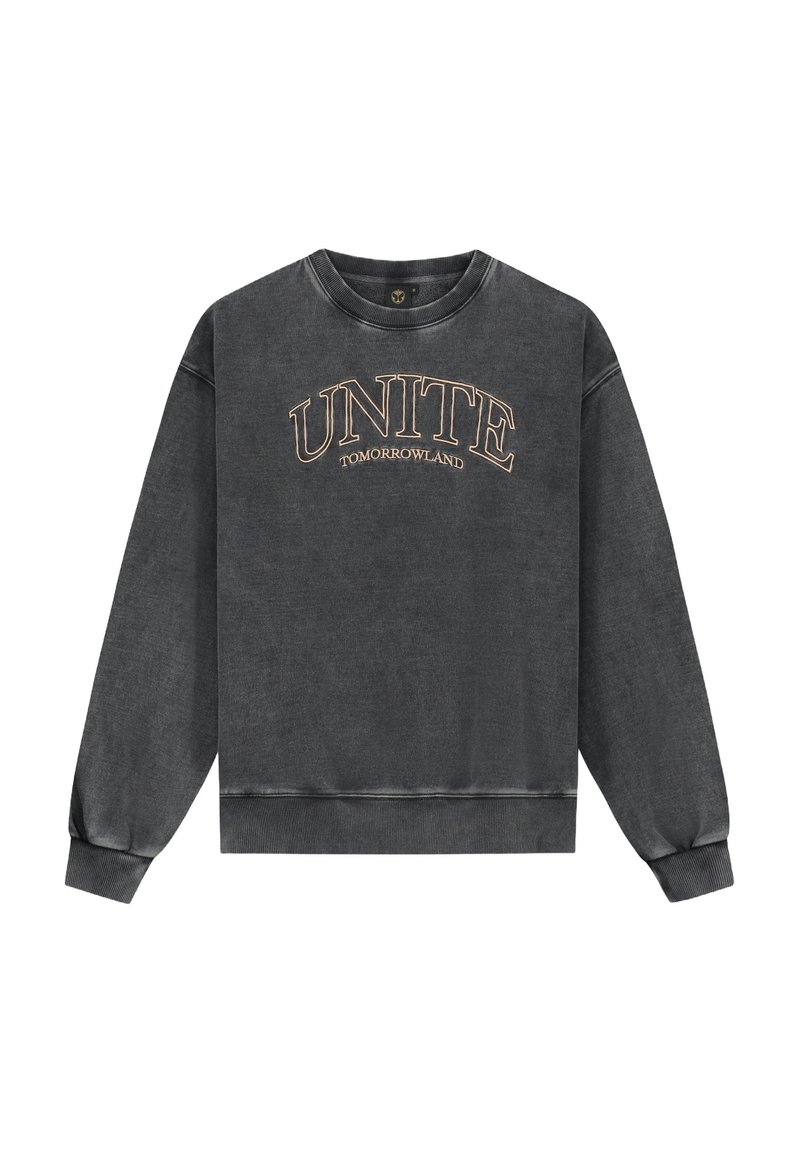 Sweatshirt gris avec col rond, manches longues, poignets et ourlet côtelés. Impression sur le devant : "UNITE TOMORROWLAND" en beige. Texture de tissu douce.