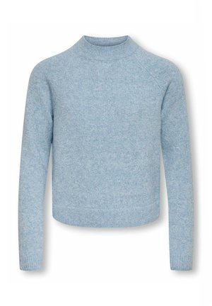 Hellblauer gestrickter Pullover mit langen Ärmeln und hohem Rundhalsausschnitt, auf weißem Hintergrund dargestellt.