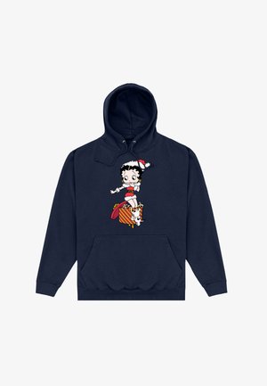 Felpa blu navy con tasca frontale, caratterizzata da una grafica colorata di un personaggio in abbigliamento natalizio, in piedi su un pacco regalo a righe.