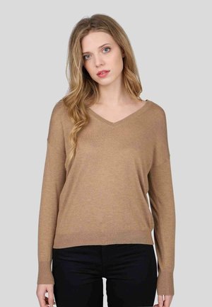 Pull-over à col en V et manches longues, couleur marron clair, fabriqué en tricot doux. Présente une coupe décontractée avec des poignets et un ourlet côtelés, porté avec un pantalon sombre.