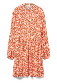 Robe orange avec un motif de feuilles blanches, manches longues avec des poignets élastiques, fermeture à boutons sur le devant, taille cintrée et jupe évasée.