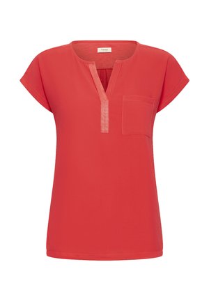 Červená blúzka s krátkym rukávom a výstrihom do V, s predným vreckom a hladkou textúrou. Minimalistický dizajn s uvoľneným strihom.
