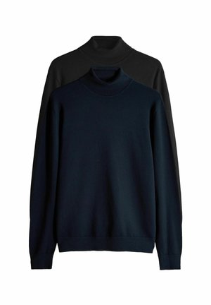 To sweatshirts med høj hals stablet ovenpå hinanden. Den ene er mørk navy, den anden er sort. Begge har lange ærmer, ribbede manchetter og en blød tekstur.