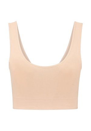 Beige cropped tanktop met brede schouderbanden, gemaakt van rekbare stof, met een gladde textuur en een ronde halslijn.