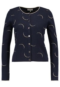 Granatowy kardigan z okrągłym dekoltem, srebrzyste wzory w kształcie księżyca i metaliczne guziki z przodu. Miękka dzianinowa faktura.