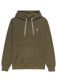 Sweat à capuche vert olive avec une poche frontale, une capuche à cordon et des accents blancs. Présente un petit logo sur la poitrine et des poignets côtelés.