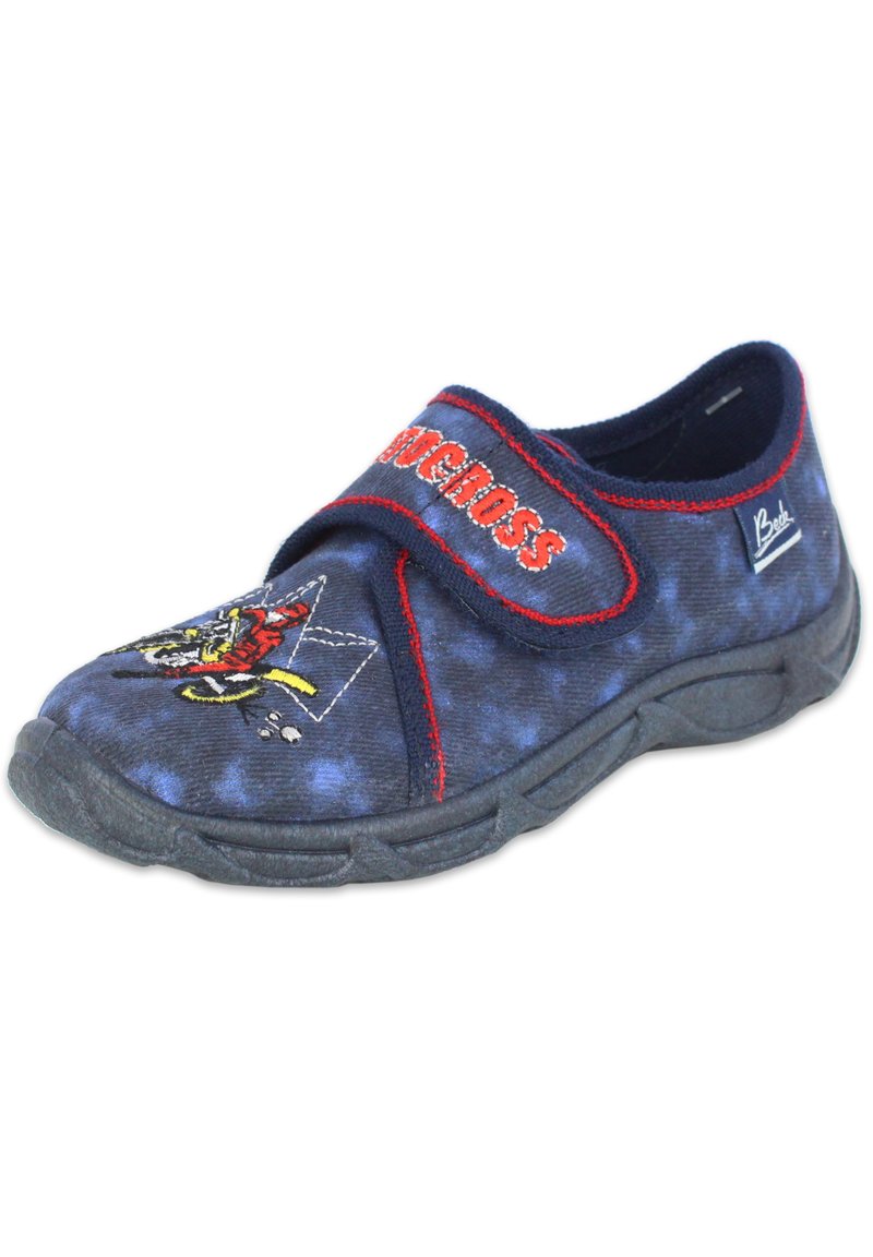 Marineblaue Stoffschuhe mit roten Akzenten, ausgestattet mit einem verstellbaren Klettverschluss und einem gestickten Design einer figur in Aktion auf der Vorderseite.