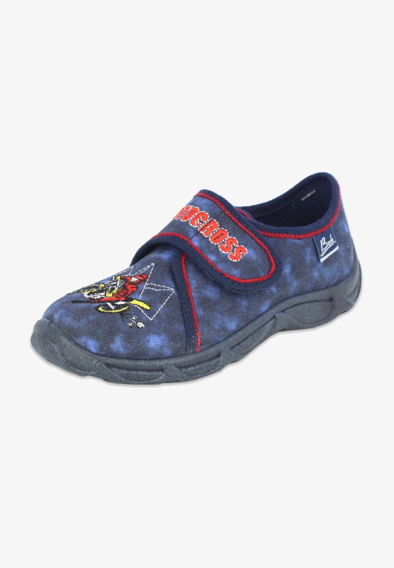 Marineblaue Stoffschuhe mit roten Akzenten, ausgestattet mit einem verstellbaren Klettverschluss und einem gestickten Design einer figur in Aktion auf der Vorderseite.