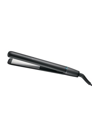 Svart keramisk plattång med elegant design, metallskivor och en blå temperaturindikator; inkluderar en spiralformad strömkabel.