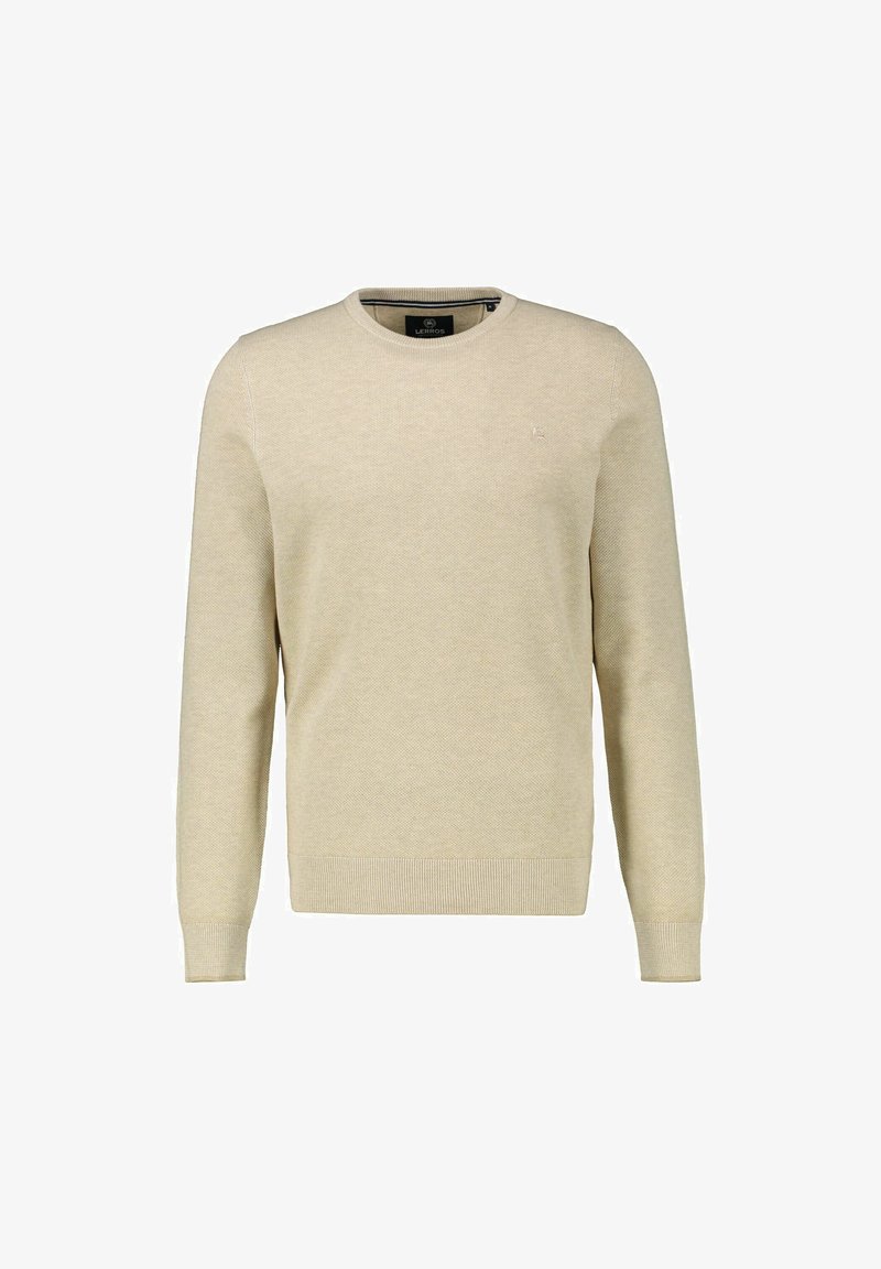 Beige Strickpullover mit langen Ärmeln, Rundhalsausschnitt, gerippten Bündchen und Saum. Mit kleinem Logo auf der Brust. Weiche Textur.