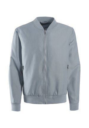 Light gray bomber jacket made of smooth fabric with a zip front, ribbed cuffs, and side pockets. Features a round neckline and streamlined design.