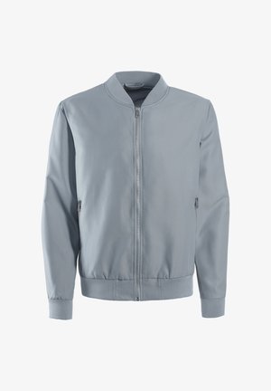 Light gray bomber jacket made of smooth fabric with a zip front, ribbed cuffs, and side pockets. Features a round neckline and streamlined design.