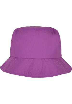Purple bucket hat made of lightweight fabric, featuring a wide, downward-sloping brim and stitched detailing around the crown and brim.