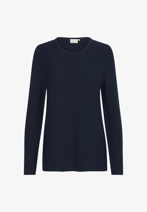 Tamsiai mėlynas ilgomis rankovėmis megztinis, pagamintas iš raukšlėtos medžiagos, su apvaliu kaklu; gale kaklo esantis etiketė. Paprastas, minimalistinis dizainas.