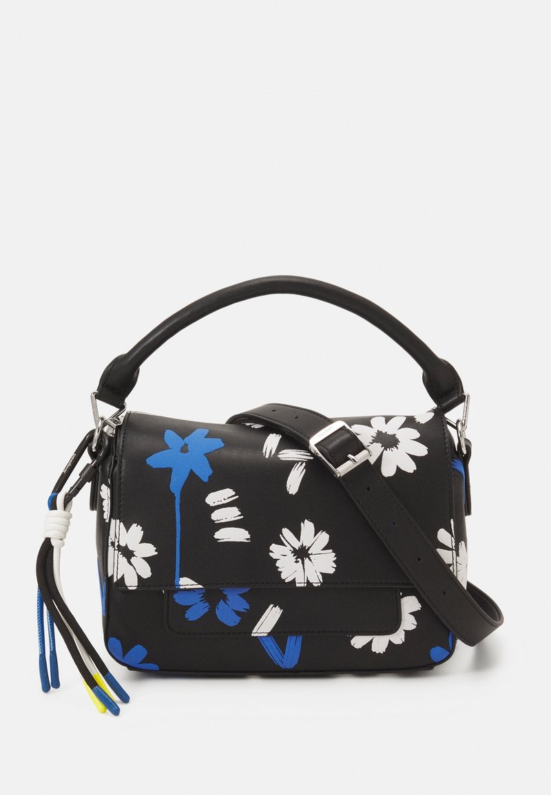 Sac à bandoulière noir avec un design floral blanc et bleu. Comprend une poignée supérieure, une sangle ajustable et une surface texturée. Détails sur la fermeture éclair.