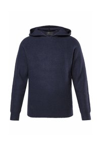 Felpa a maniche lunghe in maglia navy con texture a coste e cappuccio regolabile. Presenta un taglio dritto e un design minimalista.