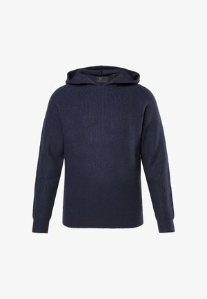 Granatowy, dzianinowy hoodie o prążkowanej fakturze, z długimi rękawami i kapturem ze sznurkiem. Posiada prosty krój i minimalistyczny design.