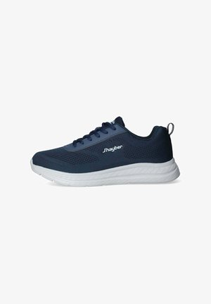 Scarpe da ginnastica navy con tomaia in tessuto testurizzato, suola bianca imbottita e lacci blu. Presentano un logo del marchio sul lato.