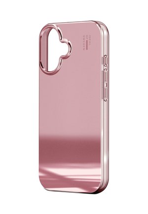 Rose gold phone case with a glossy finish, rounded cutout for camera, textured side buttons, and straight edges. Brand "IDEAL OF SWEDEN" visible.