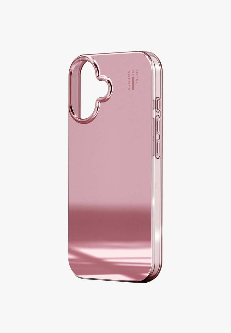 Rose gold phone case with a glossy finish, rounded cutout for camera, textured side buttons, and straight edges. Brand "IDEAL OF SWEDEN" visible.