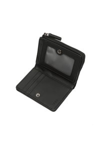 Black leather wallet with a zip closure, clear ID window, and multiple card slots. Features smooth texture and minimalistic design.
