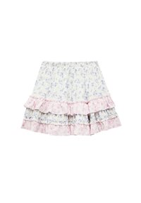Falda con estampado floral y capas con volantes, con acentos en azul y rosa. Hecha de tela ligera, con una cinturilla elástica para mayor comodidad.