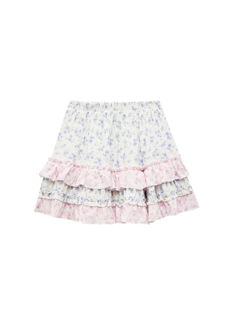 Falda con estampado floral y capas con volantes, con acentos en azul y rosa. Hecha de tela ligera, con una cinturilla elástica para mayor comodidad.
