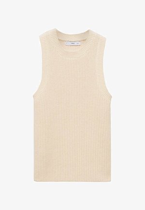 Débardeur en tricot ivoire, avec une texture côtelée, un large encolure et un design épuré et minimaliste sans fermetures visibles.