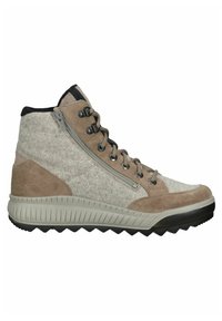 Scarpa alta marrone e grigia con tomaia in feltro testurizzato, dettagli in suede, lacci neri e suola in gomma con un motivo a zigzag.